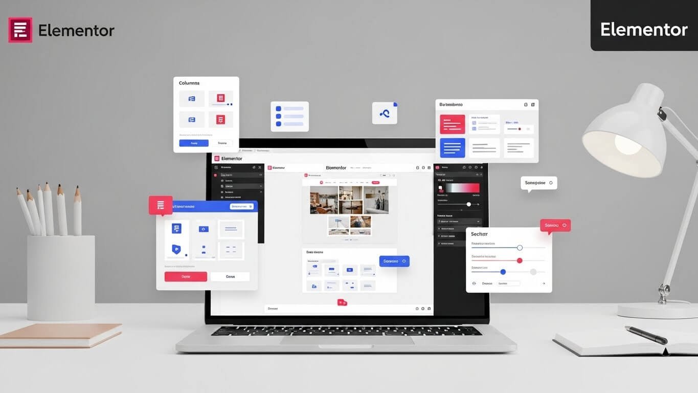 Designer creating a WordPress website using the Elementor drag-and-drop page builder with custom sections, responsive layouts, and live visual editing tools.