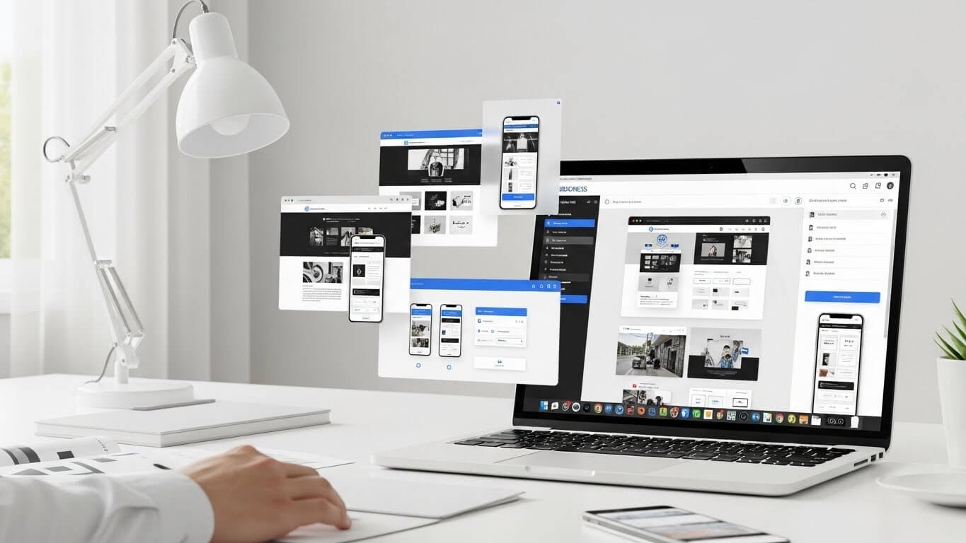 Designer working on a professional WordPress website design showing custom, responsive layouts, mobile-friendly interface, and business-focused web development features.
