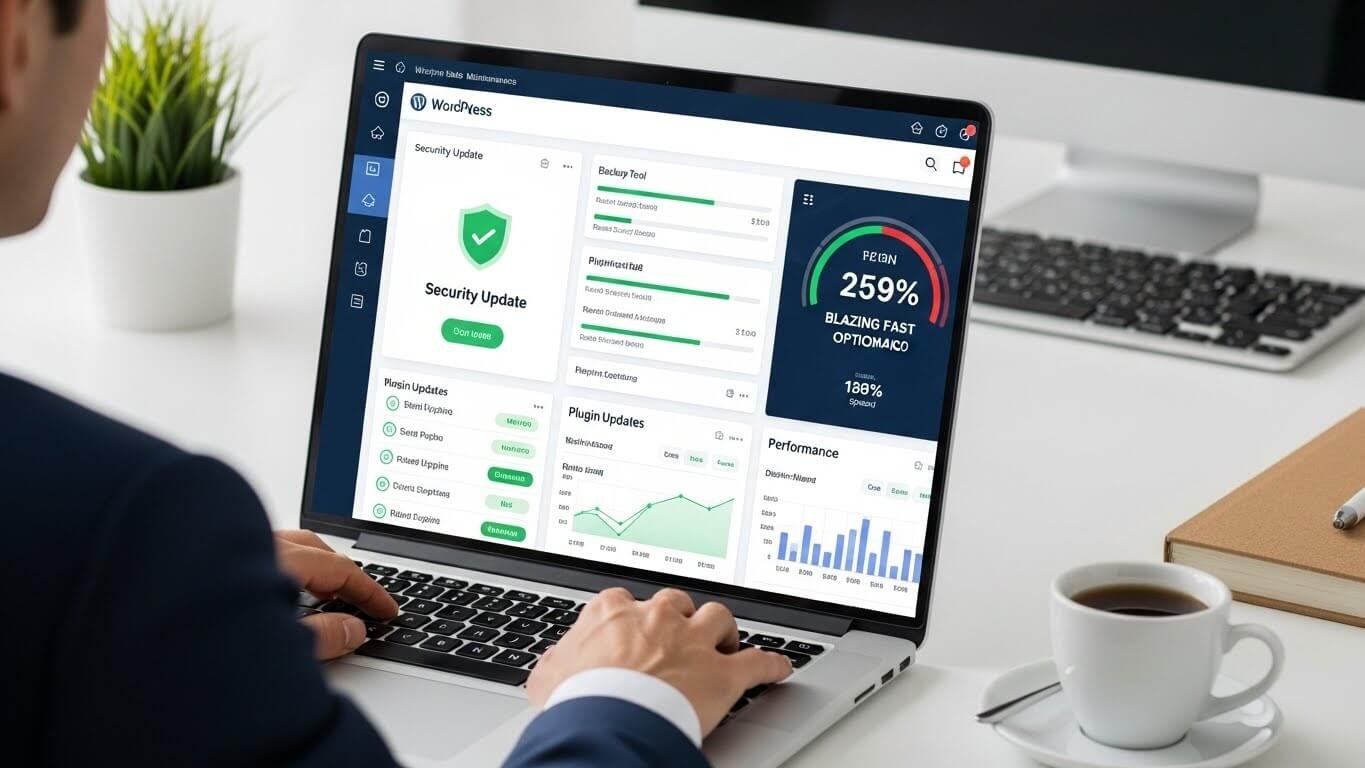 Developer performing WordPress maintenance with updates, security checks, backups, and speed optimization to keep websites secure, updated, and high-performing.